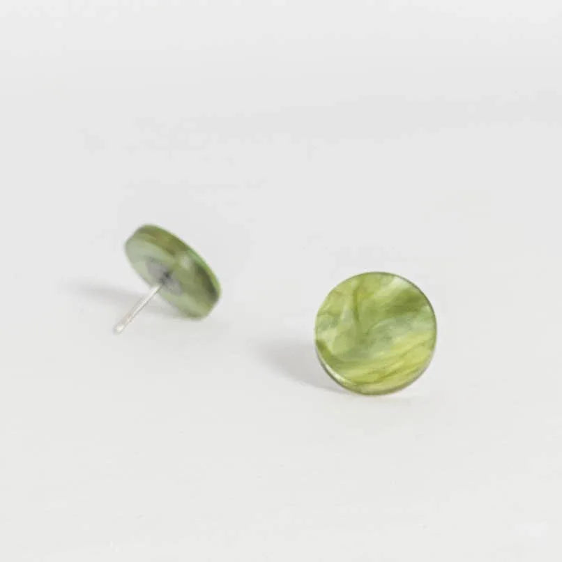 Mingled Trio Set of Studs - 15mm round studs - Ivory, Moss, Olive Gr worn by model in natural setting LUXAMORE 
