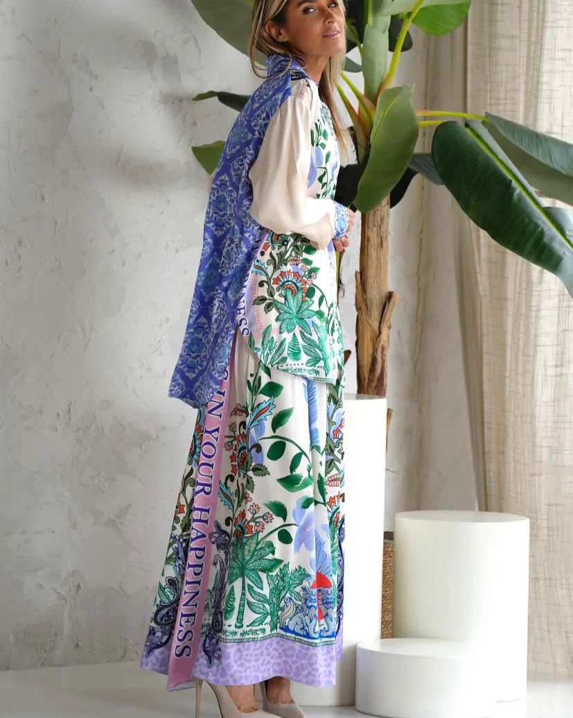 Miss Goodlife Green Garden Blouse worn by model in natural setting LUXAMORE 