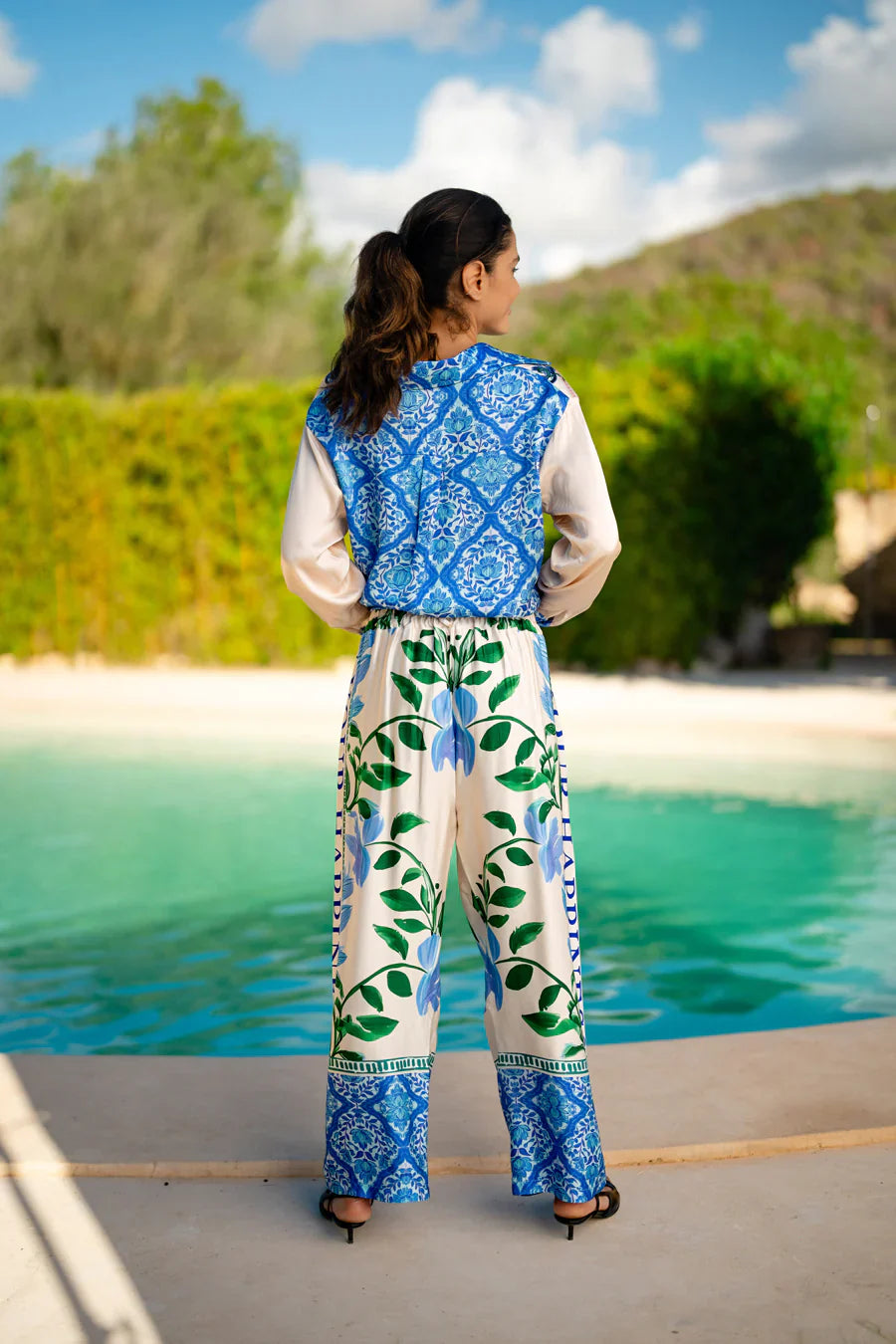 Miss Goodlife Green Garden Blouse Made in Italy worn by model in natural setting LUXAMORE 