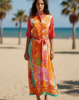 Maxi shirt dress: Miss Goodlife Orange Palm Maxi Dress featuring a bold tropical print and short sleeve design.