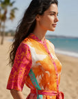 Maxi shirt dress: Miss Goodlife Orange Palm Maxi Dress featuring a bold tropical print and short sleeve design.
