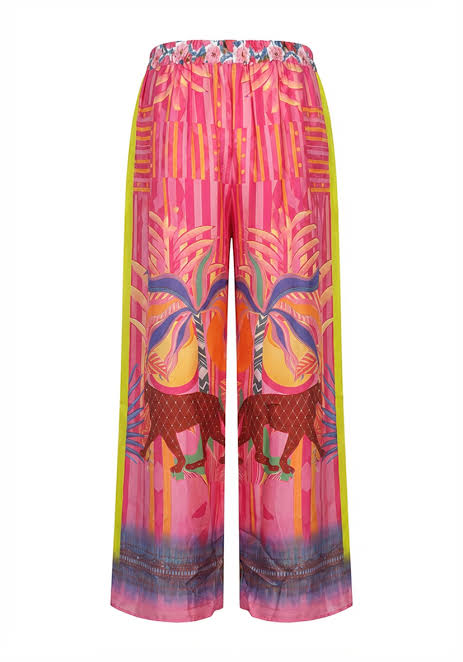 Wide-leg 7/8 trousers: Miss Goodlife Pants Sunset Dream in an all-over multicolor print with a wide waistband. LUXAMORE