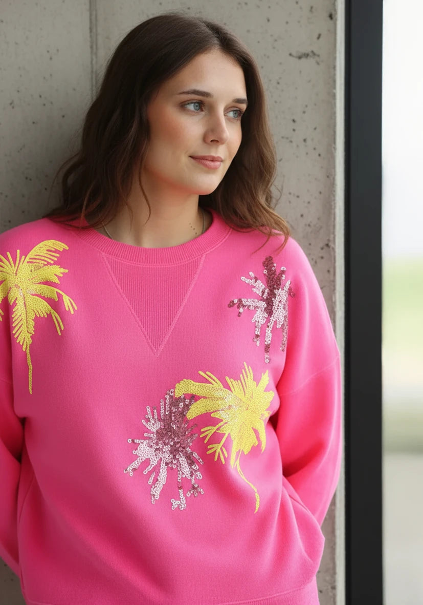 Miss Goodlife Roundneck Palmtree Paillette Sweater Made in Italy worn by model in natural setting LUXAMORE 