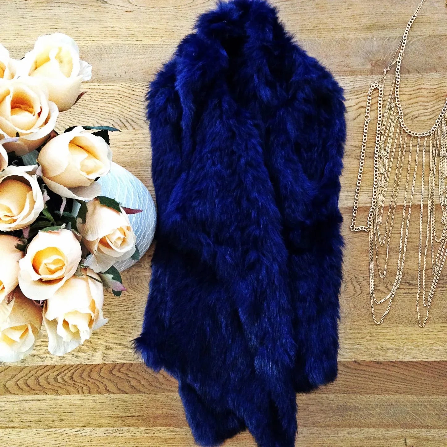 Mode &amp; Affaire Cascade Fur Coat In Ink worn by model in natural setting LUXAMORE 