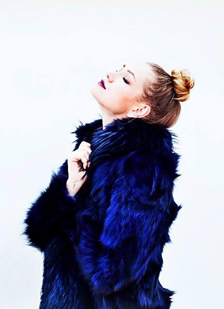 Mode &amp; Affaire Cascade Fur Coat In Ink worn by model in natural setting LUXAMORE 