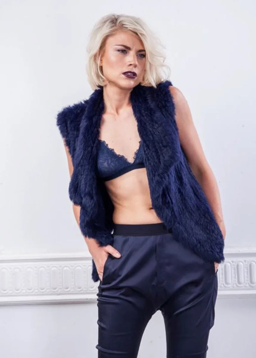 Mode & Affaire Collier Fur Vest - Ink worn by model in natural setting LUXAMORE 