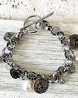 Pre Order Charm coin bracelet French coin jewelry pearl fall jewelry: Silver worn by model in natural setting LUXAMORE 