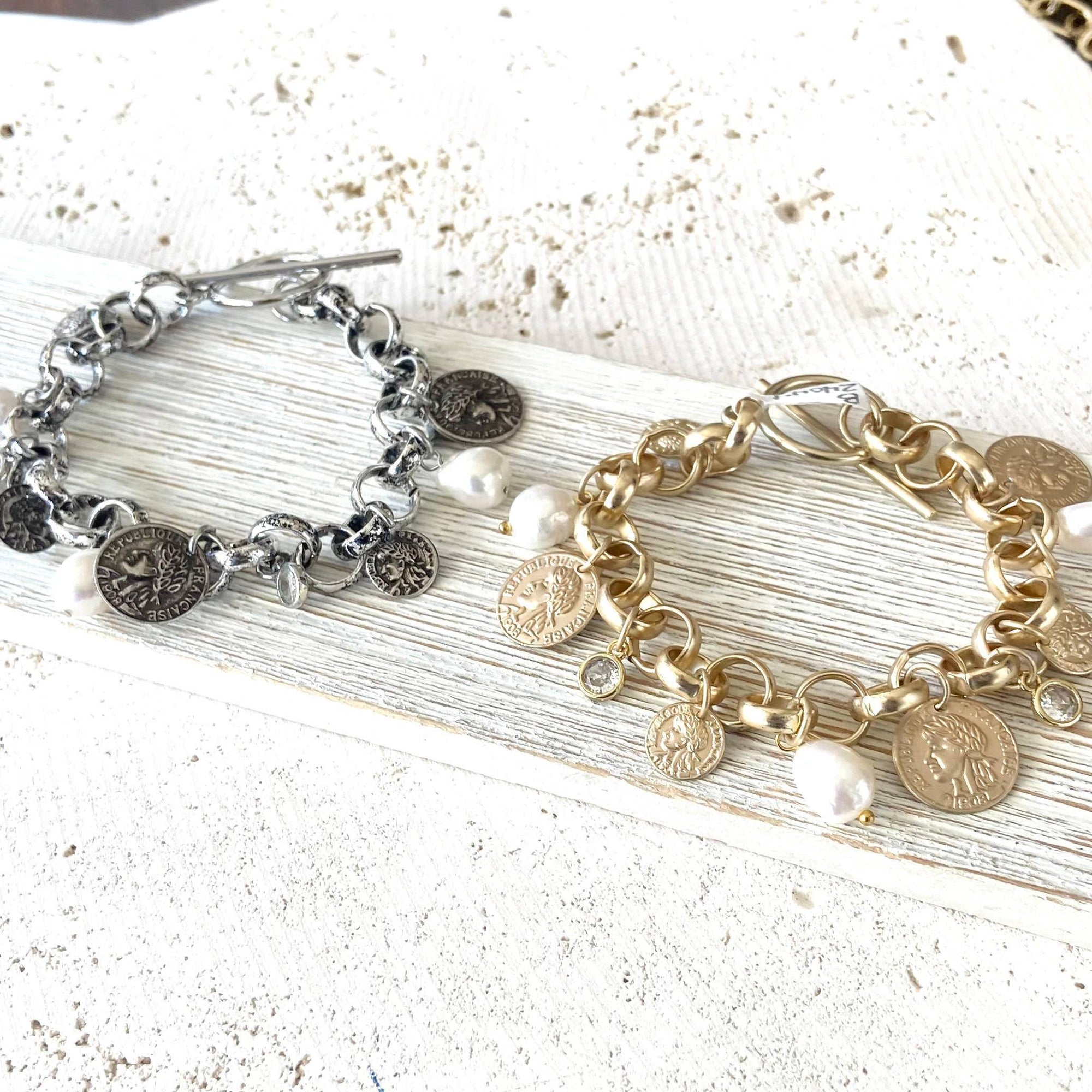 Pre Order Charm coin bracelet French coin jewelry pearl fall jewelry: Silver worn by model in natural setting LUXAMORE 