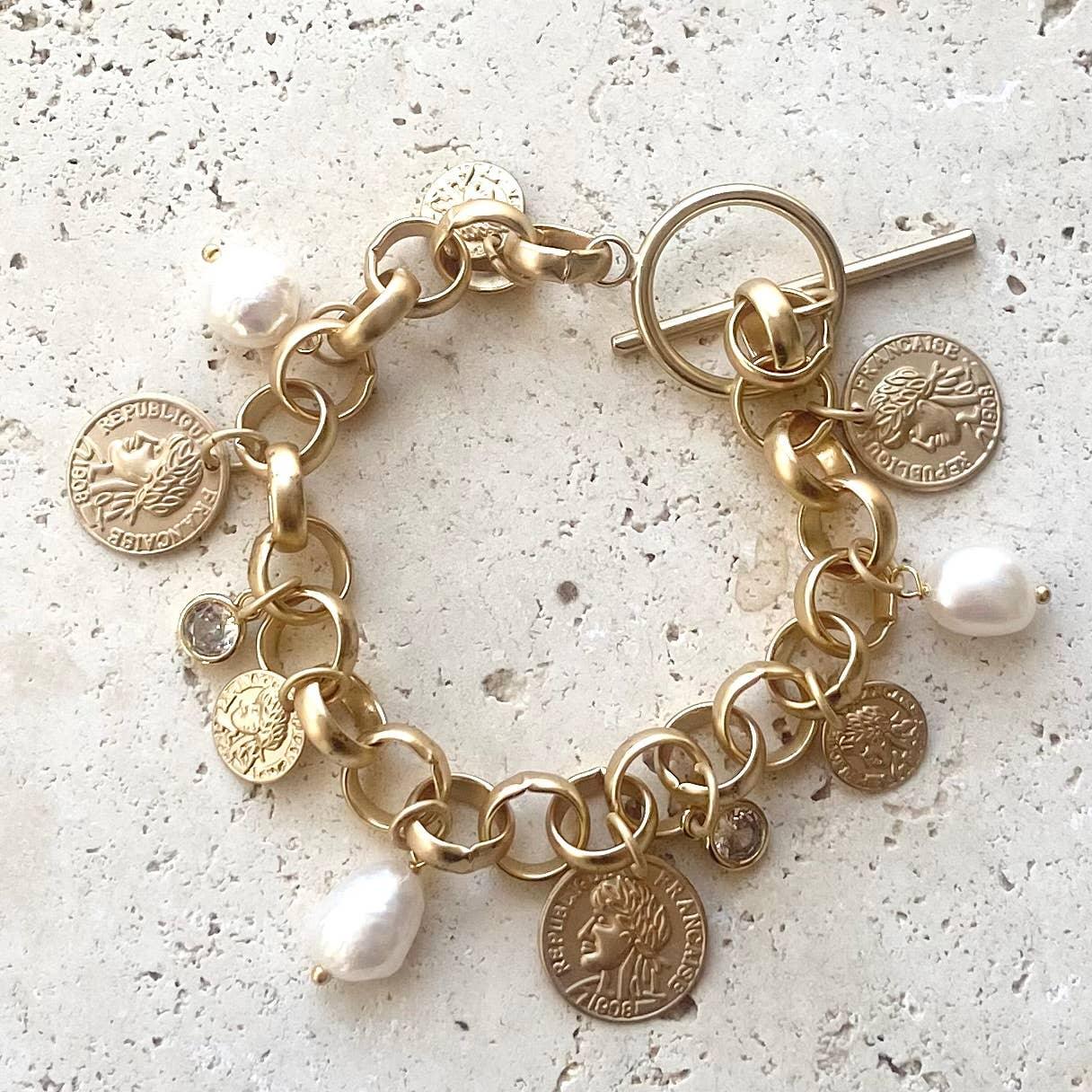 Pre Order Charm coin bracelet French coin jewelry pearl fall jewelry: Silver worn by model in natural setting LUXAMORE 