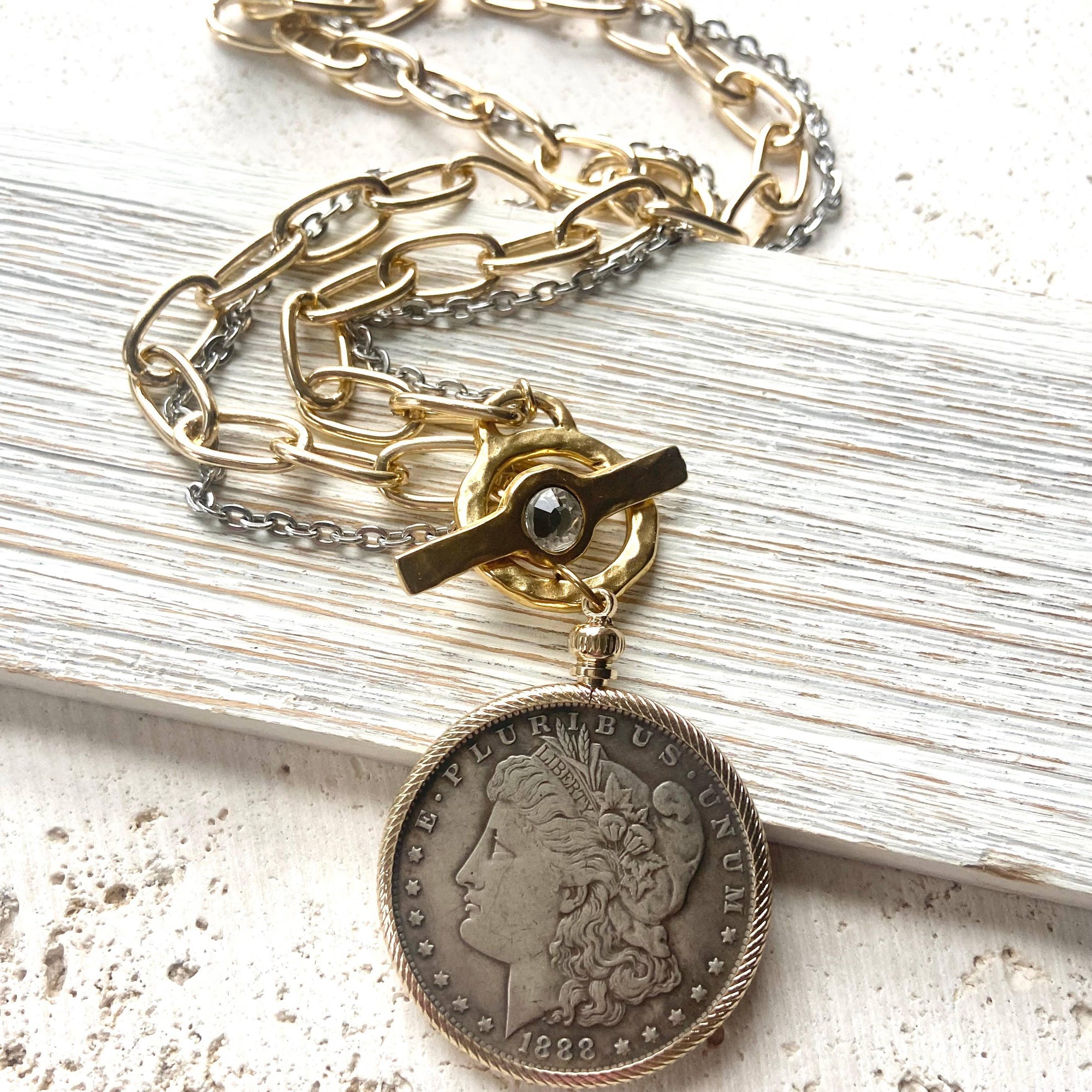 Pre Order Coin necklace boutique jewelry crystal handmade mixed metal worn by model in natural setting LUXAMORE 