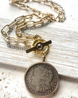 Pre Order Coin necklace boutique jewelry crystal handmade mixed metal worn by model in natural setting LUXAMORE 