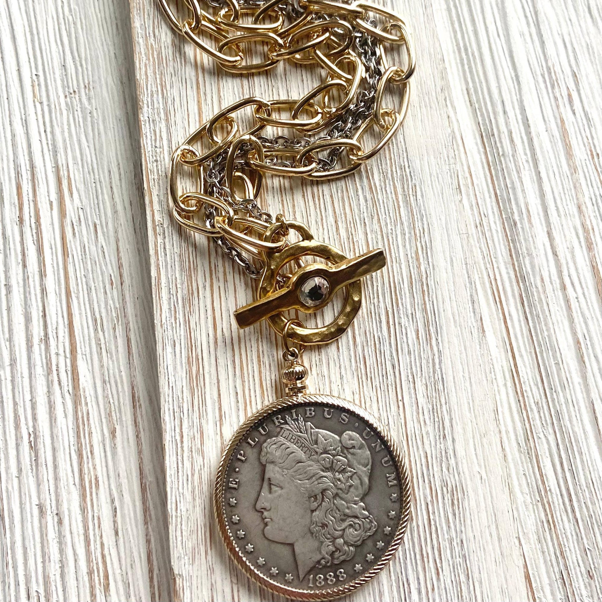 Pre Order Coin necklace boutique jewelry crystal handmade mixed metal worn by model in natural setting LUXAMORE 