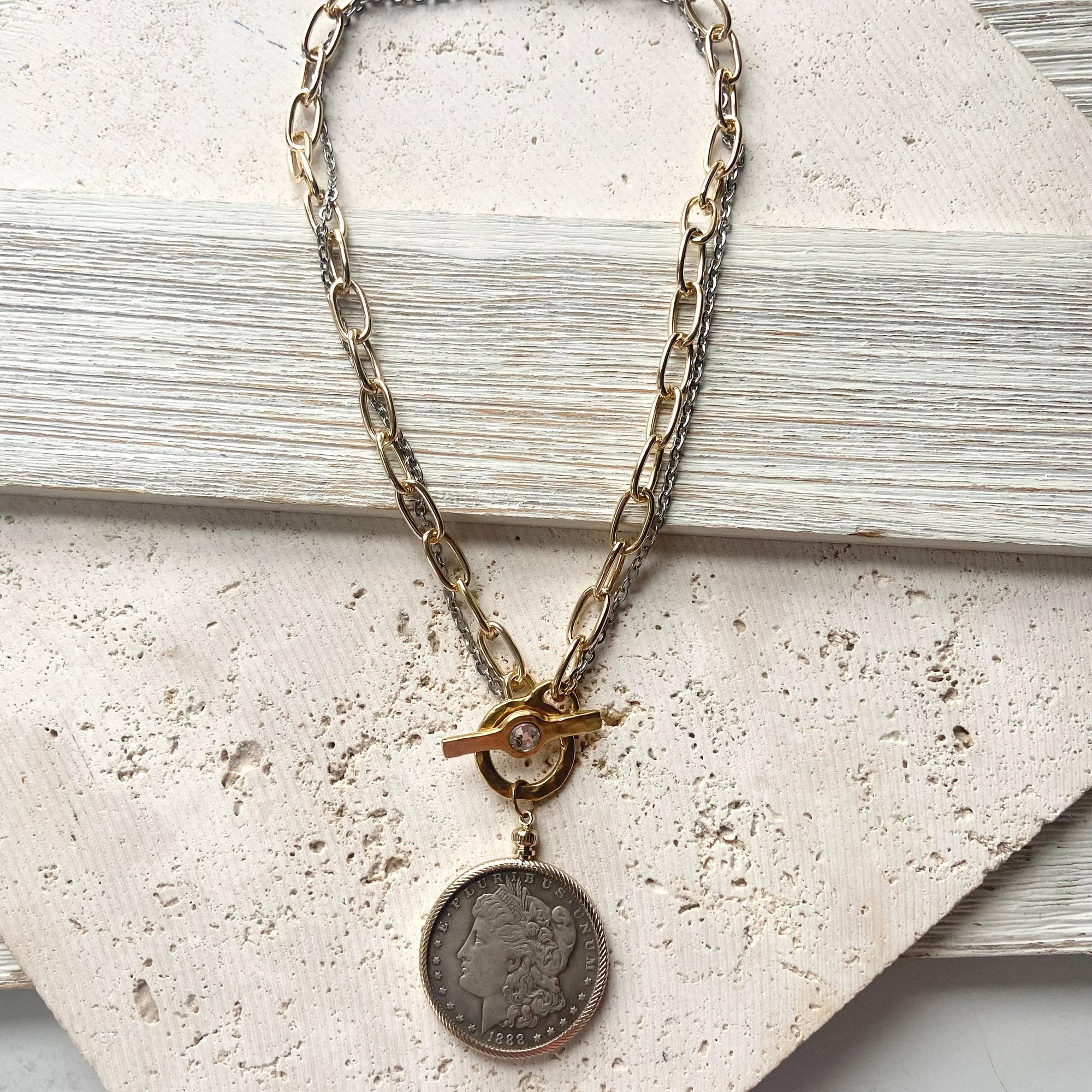 Pre Order Coin necklace boutique jewelry crystal handmade mixed metal worn by model in natural setting LUXAMORE 