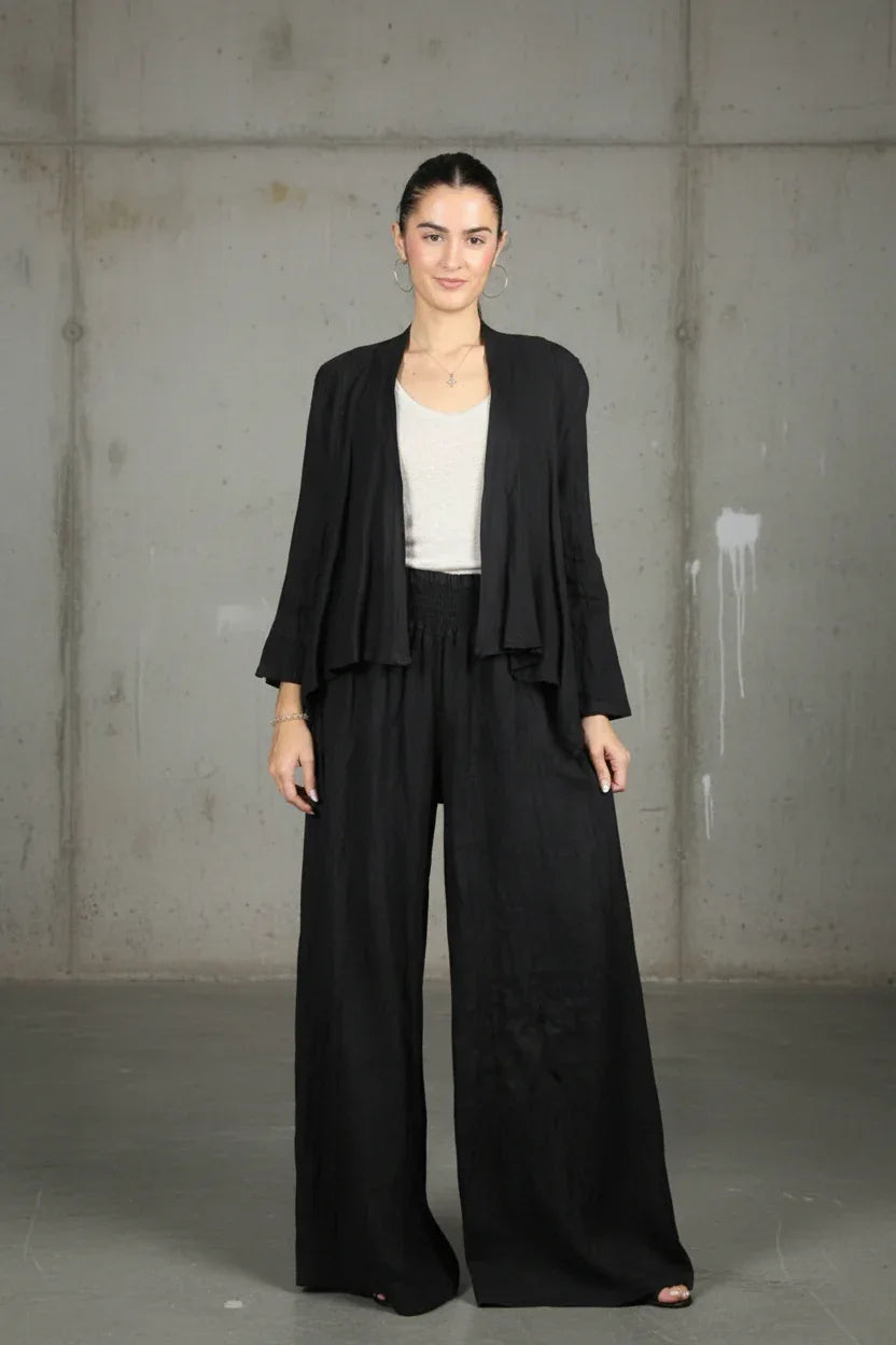 Italian Linen Wide Leg Pants Black - Made in Italy worn by model in natural setting LUXAMORE 