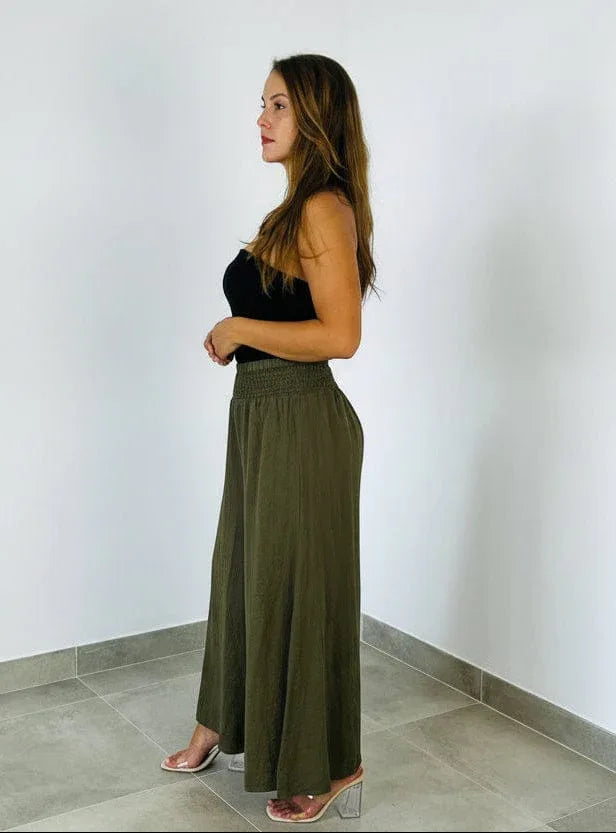 Italian Linen Wide Leg Pants Khaki - Made in Italy worn by model in natural setting LUXAMORE 
