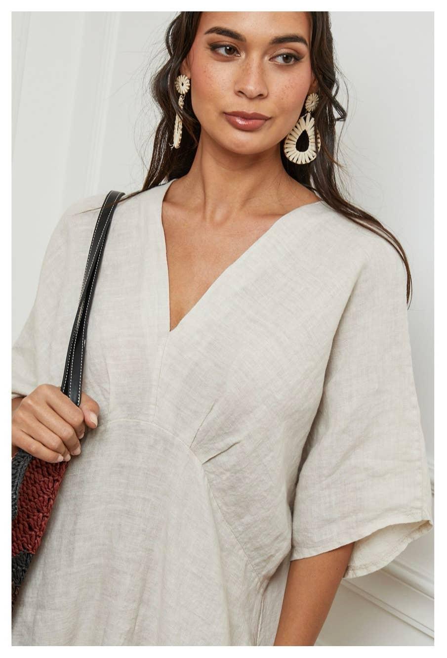 Linen Dress Maxi Made in Italy Charcoal Grey worn by model in natural setting LUXAMORE 