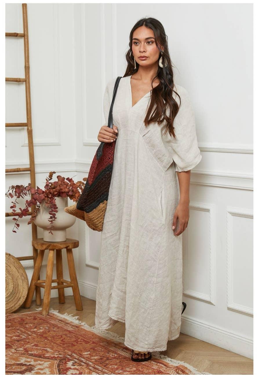 Linen Dress Maxi Made in Italy Charcoal Grey worn by model in natural setting LUXAMORE 