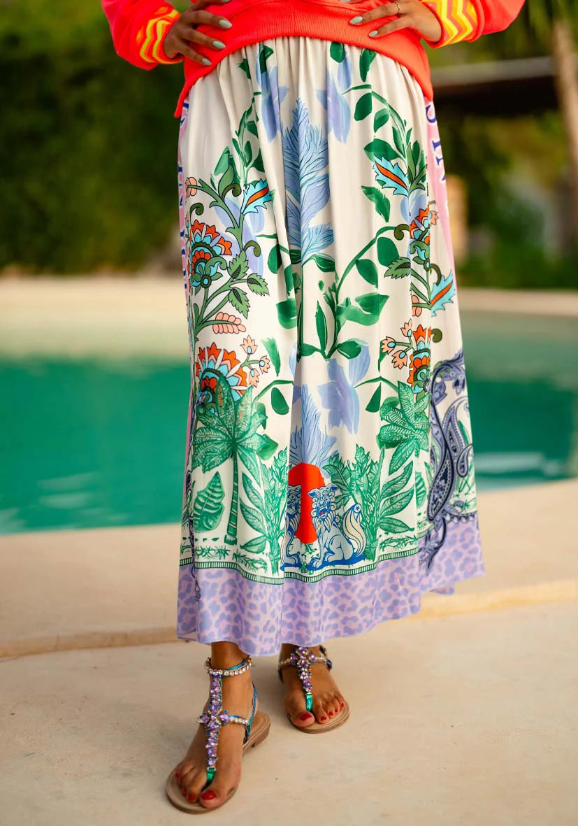 Pre Order Miss Goodlife Green Garden Skirt worn by model in natural setting LUXAMORE 