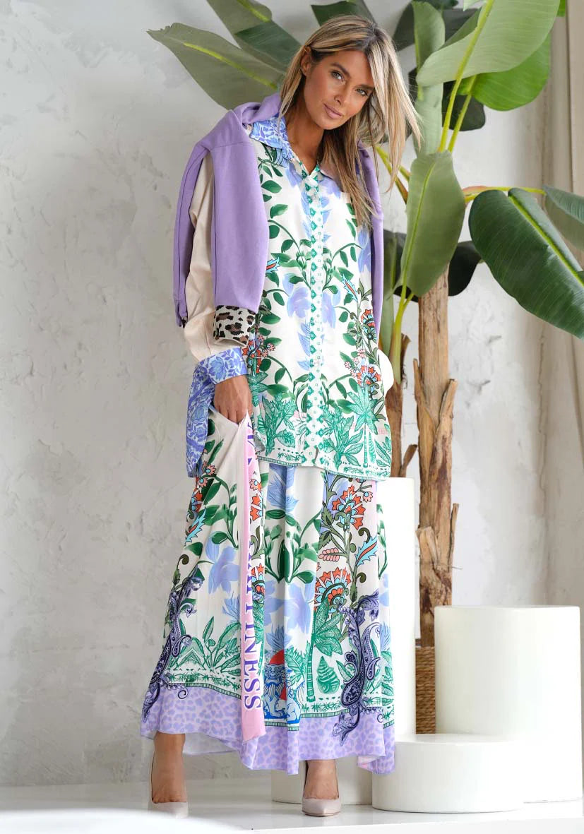 Pre Order Miss Goodlife Green Garden Skirt worn by model in natural setting LUXAMORE 