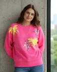 Pre Order Miss Goodlife Roundneck Palmtree Paillette Sweater worn by model in natural setting LUXAMORE 