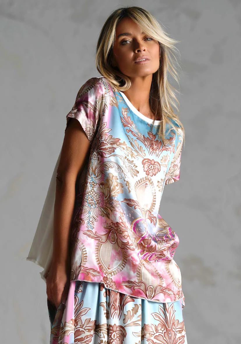 Pre Order Miss Goodlife T-shirt Light Garden worn by model in natural setting LUXAMORE 