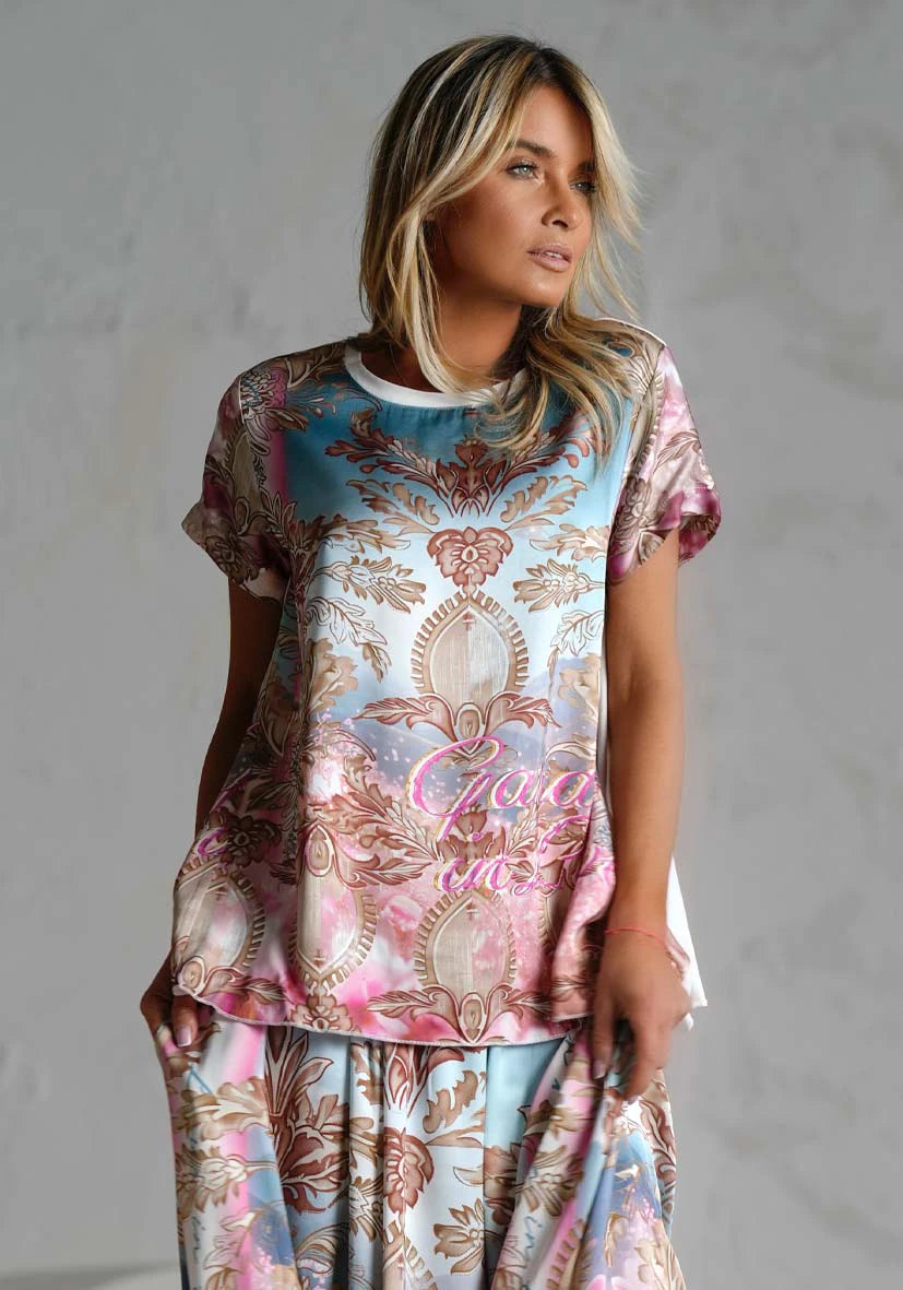 Pre Order Miss Goodlife T-shirt Light Garden worn by model in natural setting LUXAMORE 