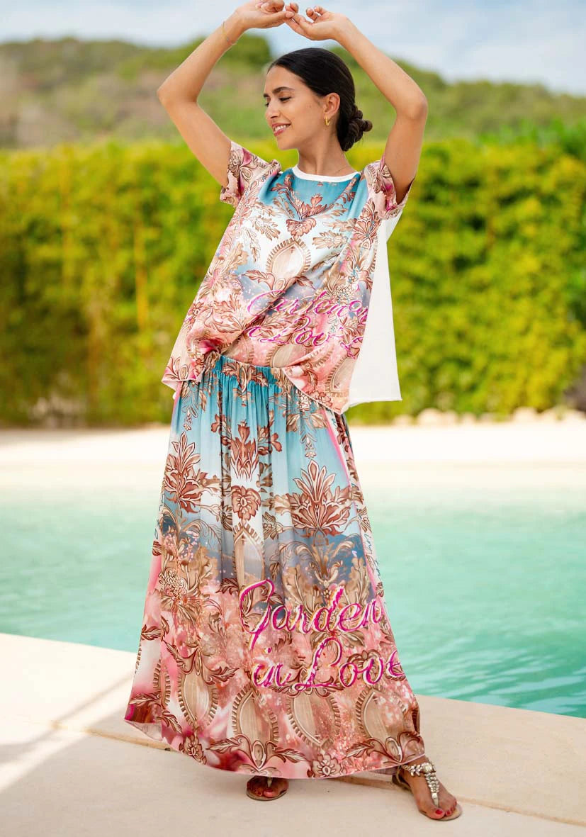 Pre Order Miss Goodlife T-shirt Light Garden worn by model in natural setting LUXAMORE 