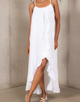 White Linen Dress Maxi Ruffled Made in Italy - One size worn by model in natural setting LUXAMORE 