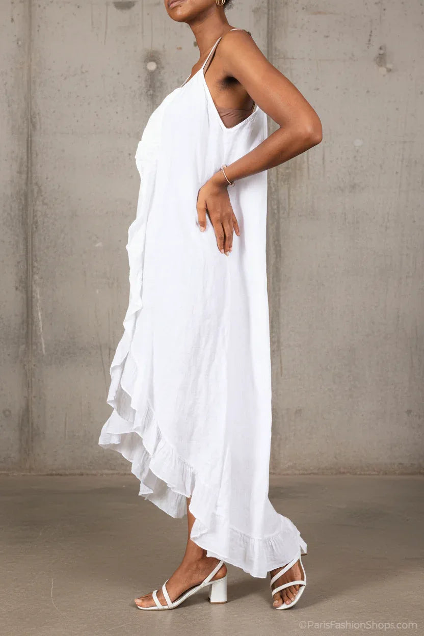 White Linen Dress Maxi Ruffled Made in Italy - One size worn by model in natural setting LUXAMORE 