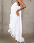 White Linen Dress Maxi Ruffled Made in Italy - One size worn by model in natural setting LUXAMORE 