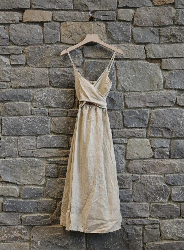 Linen Dress Cross Tie Made in Italy beige - LUXAMORE